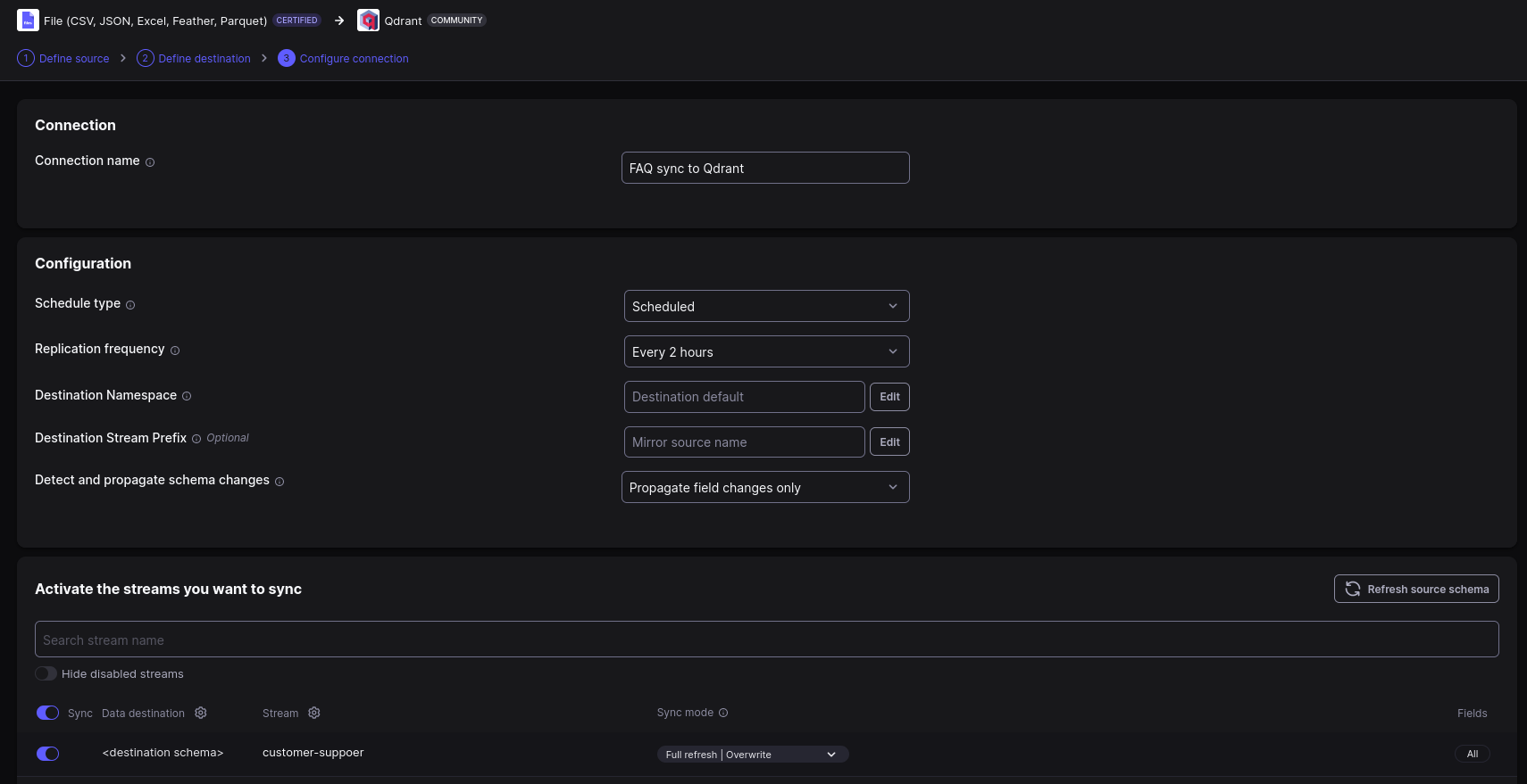 Airbyte connection configuration