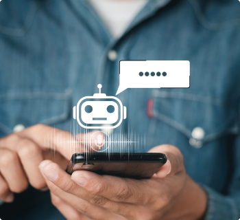 A man in a jeans shirt is holding a smartphone, only his hands are visible. In the foreground, there is an image of a robot surrounded by chat and sound waves.